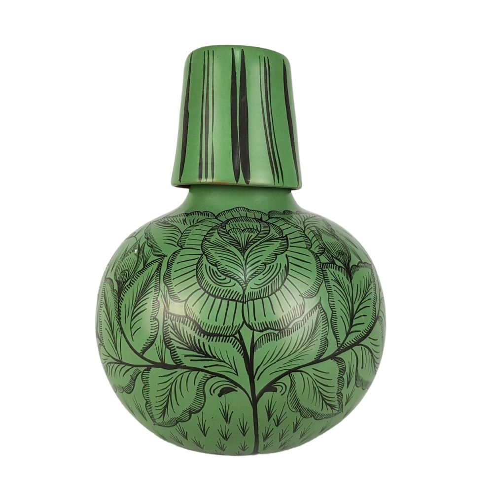 Botellón para agua grande de barro bruñido decorado con flores y pájaros