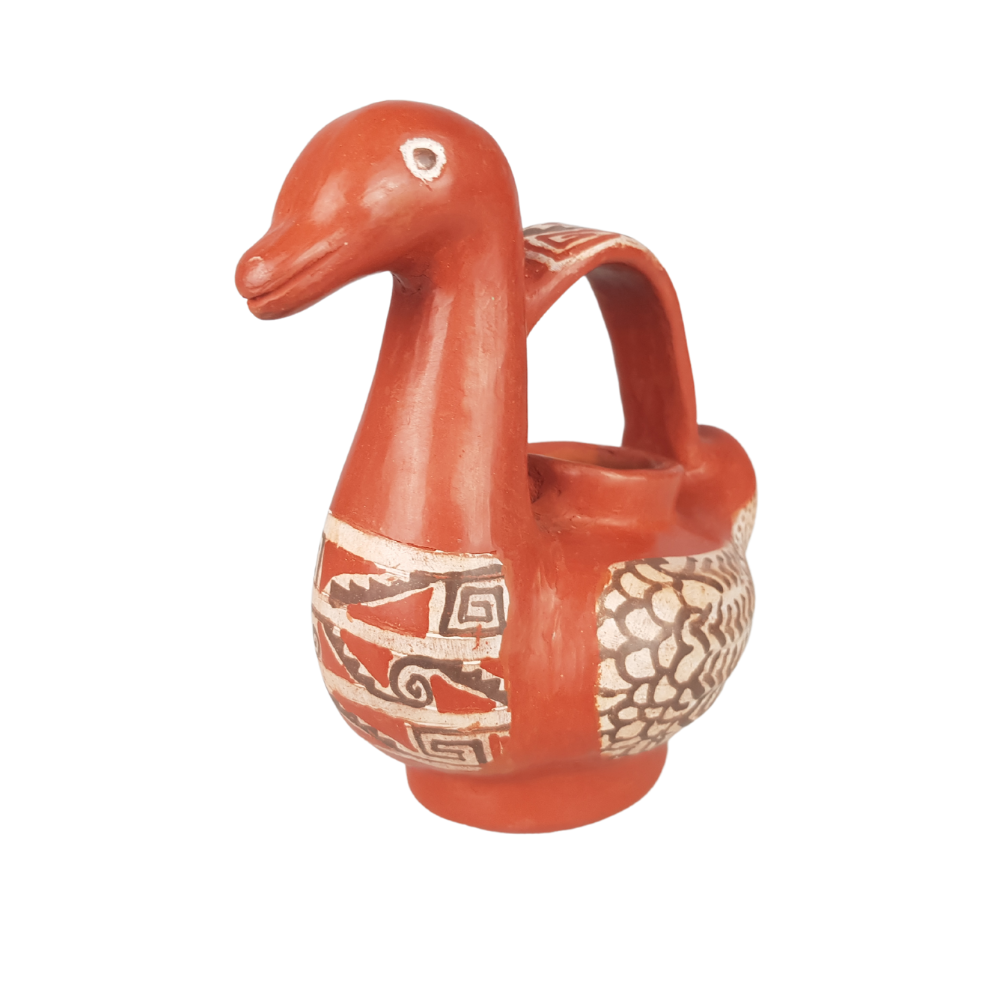 Pato chico de barro bruñido decorado a mano