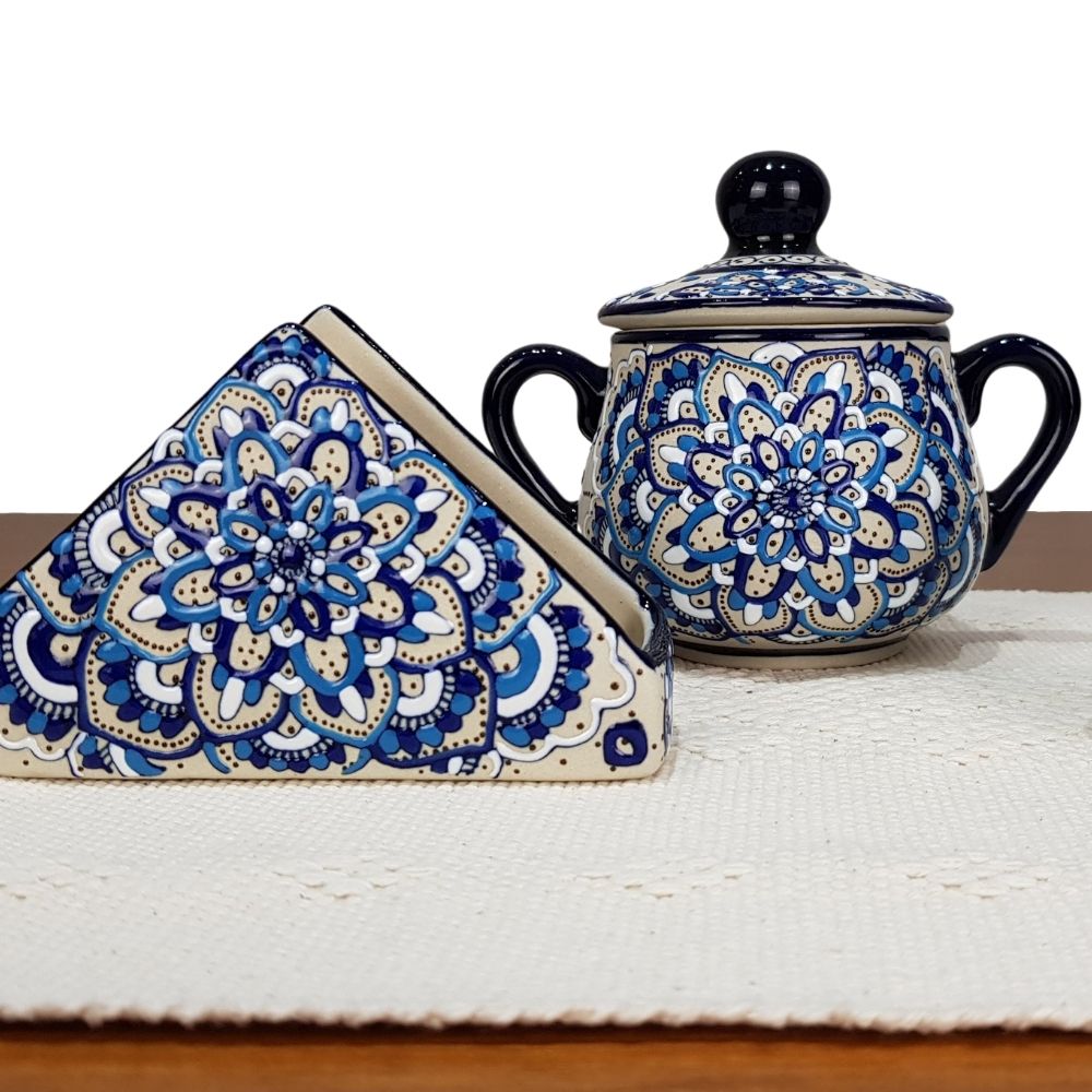 Vajilla mandala color azul para 8 y 4 personas, cerámica de alta temperatura