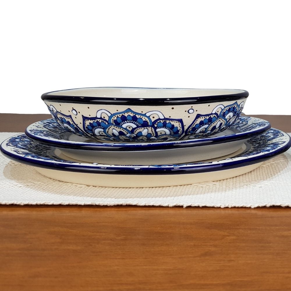 Vajilla mandala color azul para 8 y 4 personas, cerámica de alta temperatura