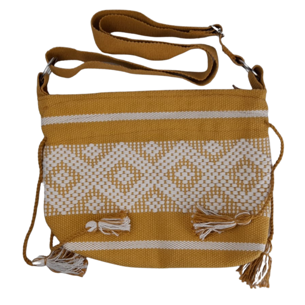 Bolsa de asa tejida en telar de cintura amarilla con blanco