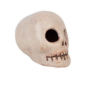 Cráneo prehispánico de barro bruñido decorado a mano con motivos prehispánicos
