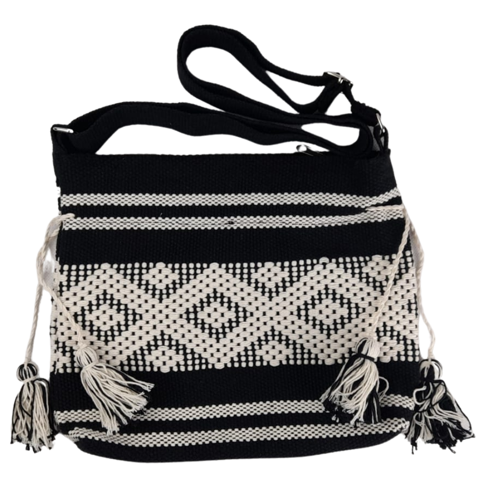 Bolsa de asa tejida en telar de cintura negra con blanco