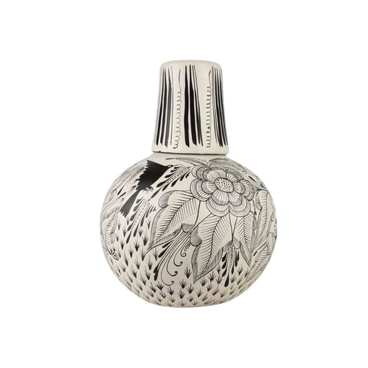 Botellón para agua mediano de barro bruñido decorado con flores y pájaros