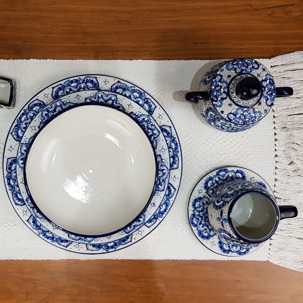 Vajilla mandala color azul para 8 y 4 personas, cerámica de alta temperatura