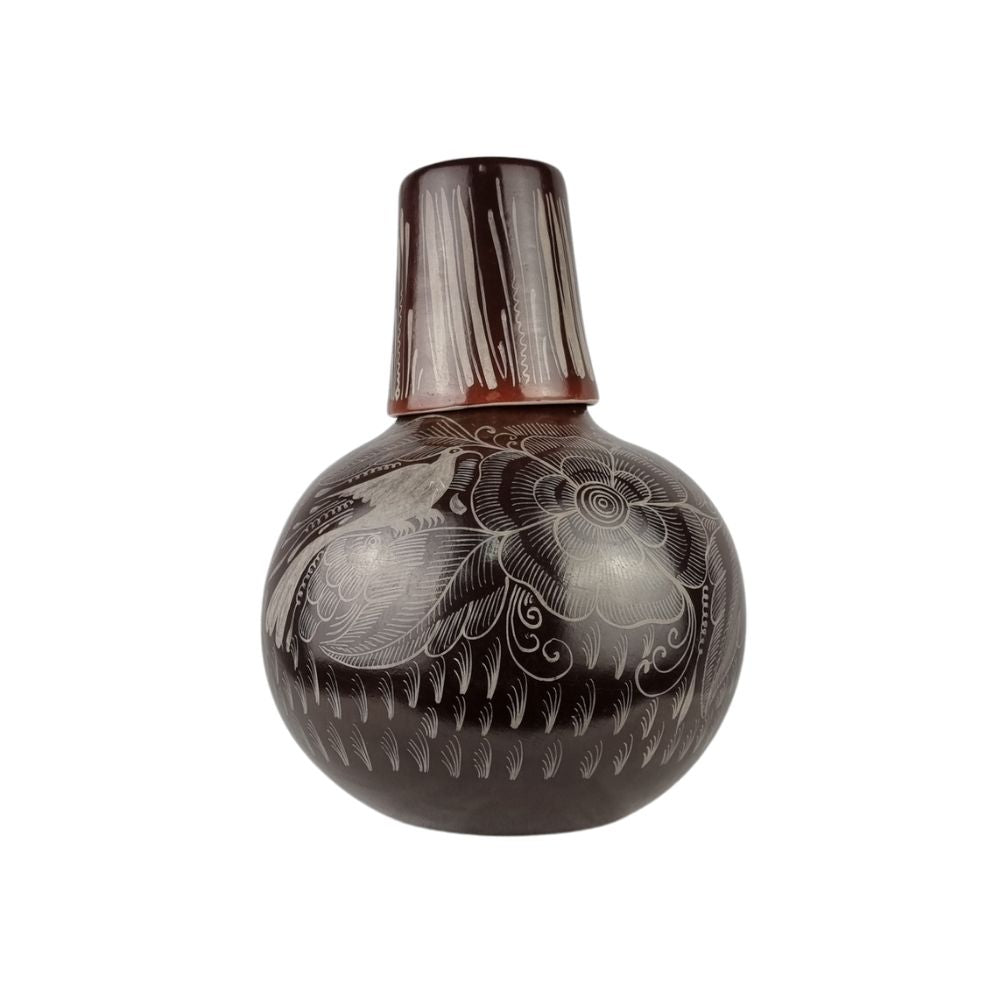 Botellón para agua grande de barro bruñido decorado con flores y pájaros