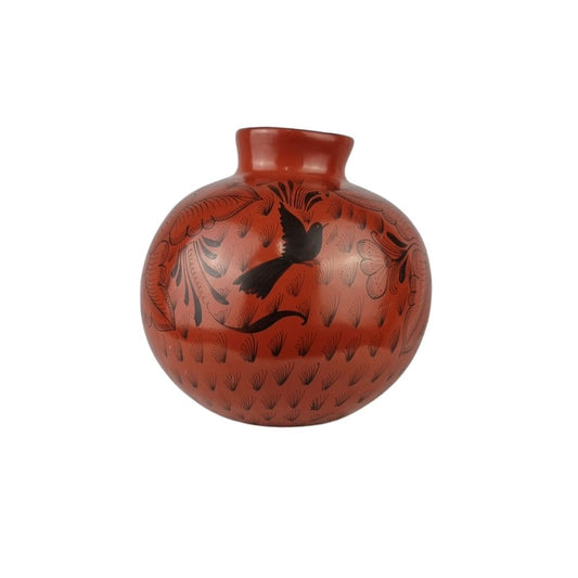 Florero grande de barro bruñido decorado con flores y pájaros