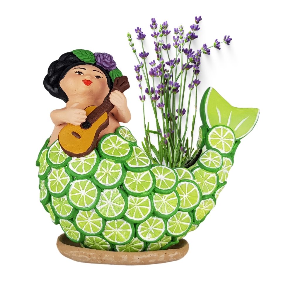 Maceta sirena mexicana con escamas frutales, figura de barro de Tlaquepaque Jalisco