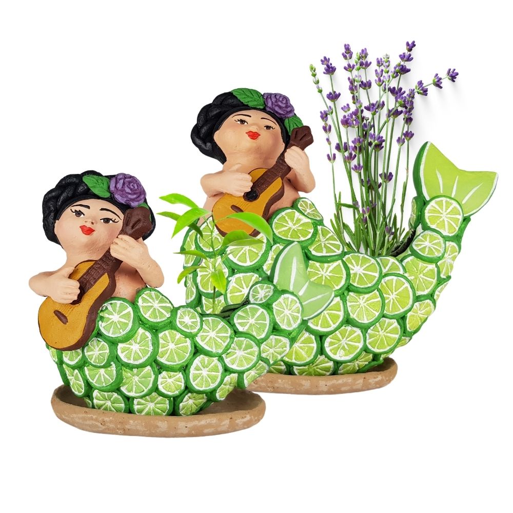 Maceta sirena mexicana con escamas frutales, figura de barro de Tlaquepaque Jalisco