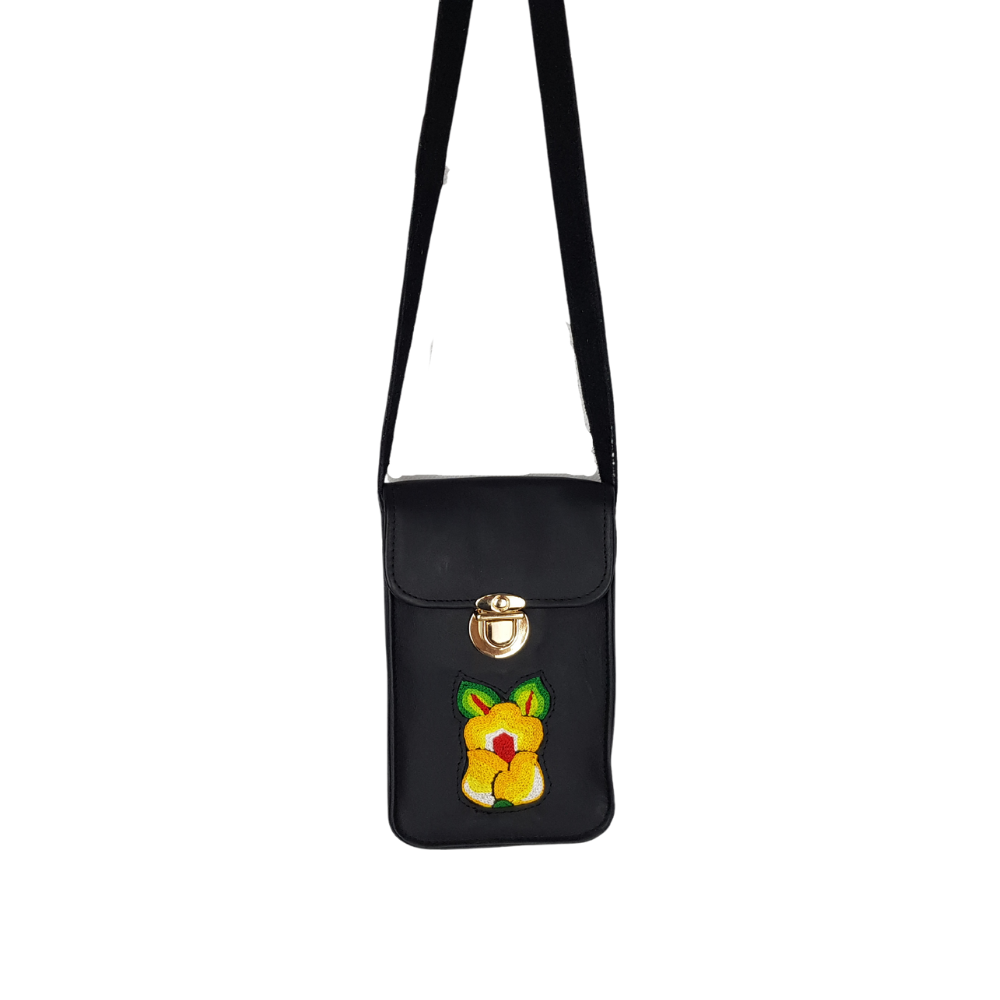 Bolsa para celular de piel con textil artesanal