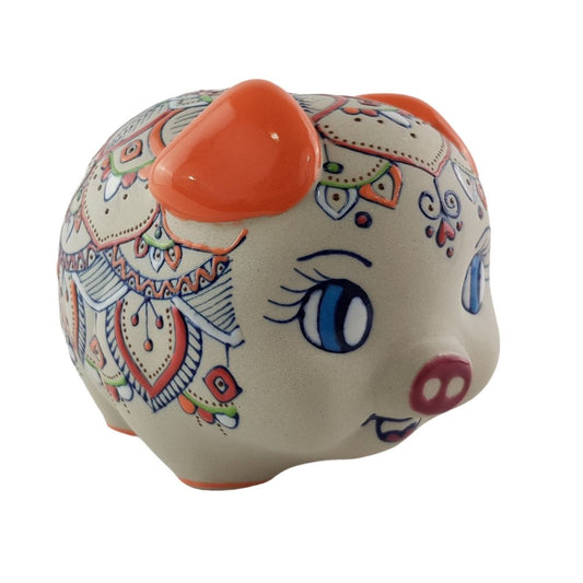 Alcancía de cerdito de cerámica Servin decorado a mano con mandalas