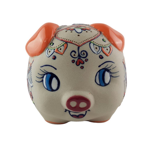 Alcancía de cerdito de cerámica Servin decorado a mano con mandalas